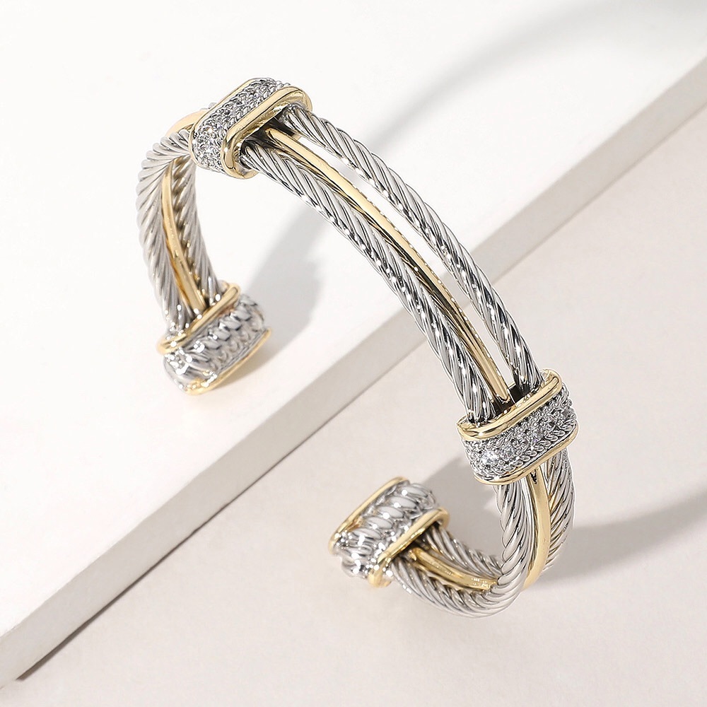 Two Tone Metal Rope Cable Cuff Bracelet With Pave Crystals